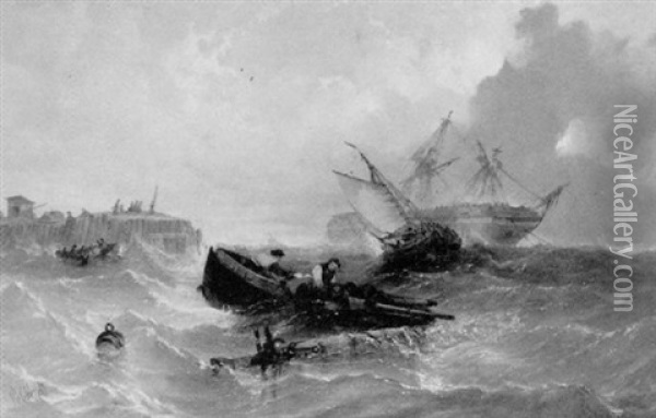 The Rescue: A Two-master Heeling Over Off A Headland, Fishing Vessels Picking Up Survivors Oil Painting - William Callcott Knell