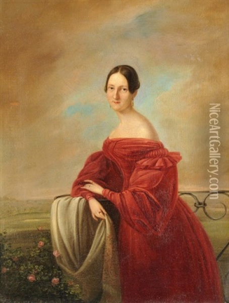 Dame In Rotem Kleid Oil Painting - Ehregott Grunler
