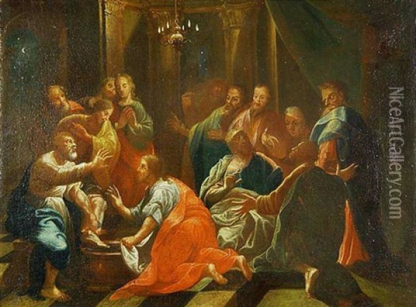 Fuswaschung Christi. Die Nachtliche Szene Ist In Einen Festlich Beleuchteten Saal Verlegt Oil Painting - Georg Karl Urlaub