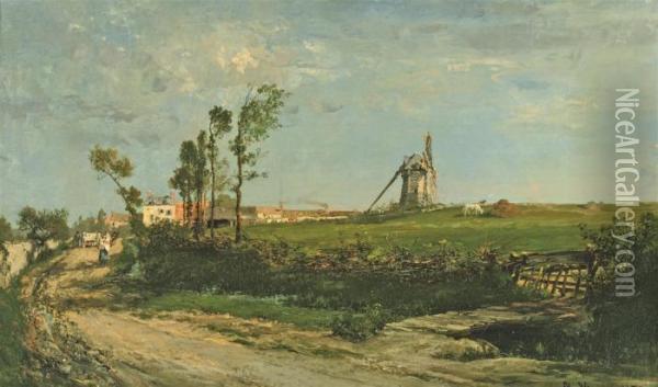 A Windmill In A Meadow, A Sunlit Town Beyond Oil Painting - Alexandre Rene Veron