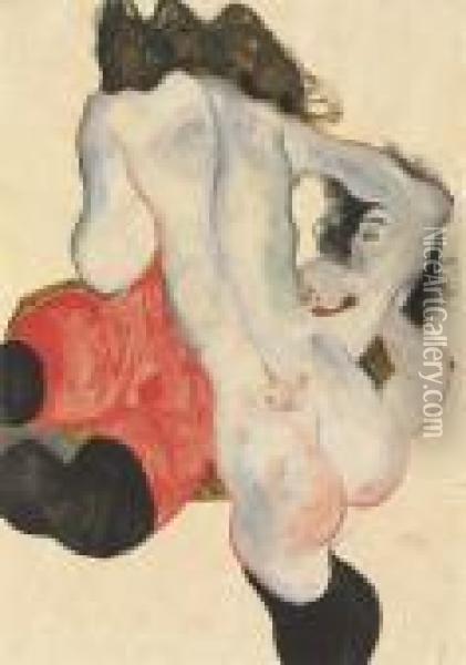 Liegende Frau Mit Roter Hose Und Stehender Weiblicher Akt Oil Painting - Egon Schiele