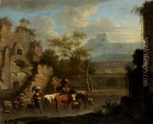 Hirtenpaar Mit Viehherde Vor Sudlicher Landschaft Mit Ruinen Oil Painting - Franz de Paula Ferg