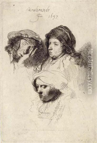 Three Heads Of Women: One Asleep Oil Painting - Rembrandt Van Rijn