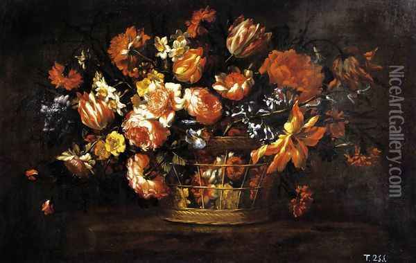 Basket of Flowers 1675-85 Oil Painting - Bartolome Perez