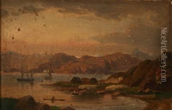 Liner Off The Coast Near A Trading Station Or Settlement (greenland?) Oil Painting - Daniel Hermann Anton Melbye