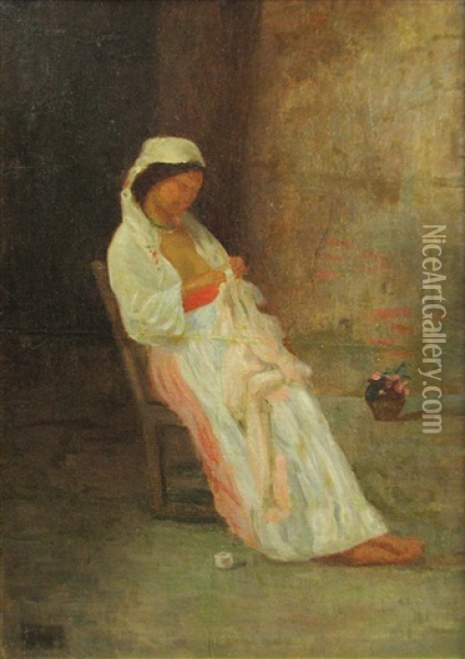 Girl Sewing Oil Painting - Pierre Bellet