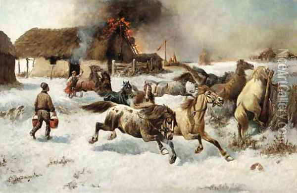 Fire on the farm Oil Painting - Adolf Baumgartner-Stoiloff
