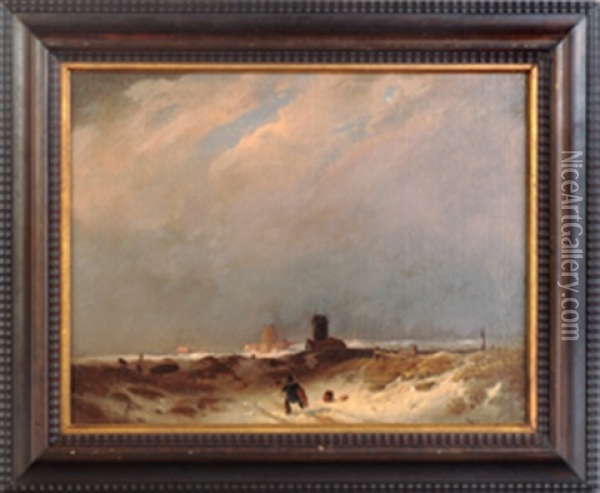 Hollandische Winterlandschaft Mit Windmuhle Und Personenstaffage Oil Painting - Albert Flamm