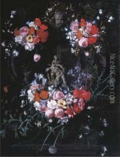 A Trompe L'oeil Relief Of The 
Pieta In A Stone Carved Tondo,surrounded By Festoons Of Flowers And 
Thistles Oil Painting - Hieronymus Galle I