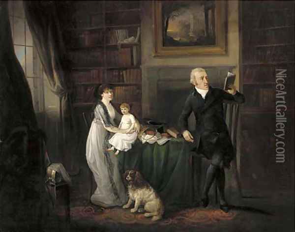 Portrait of a family, seated full-length in a library with their dog Oil Painting - Ramsay Richard Reinagle