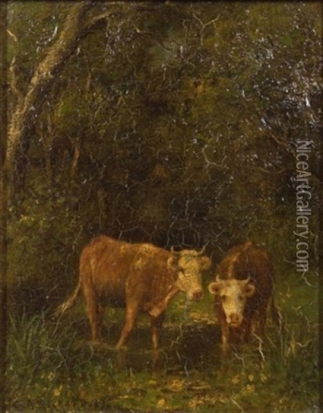 A Memory Of Rockland County - Cows At A Woodland Pond Oil Painting - Gardner Arnold Reckard