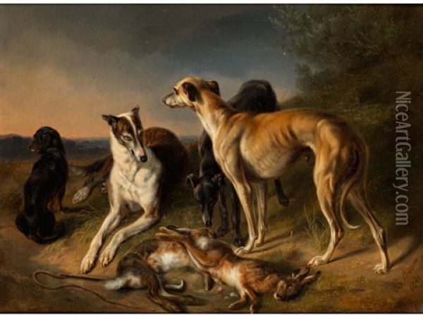 Jagdstillleben Mit Windhunden Und Hasen Oil Painting - Benno Raffael Adam