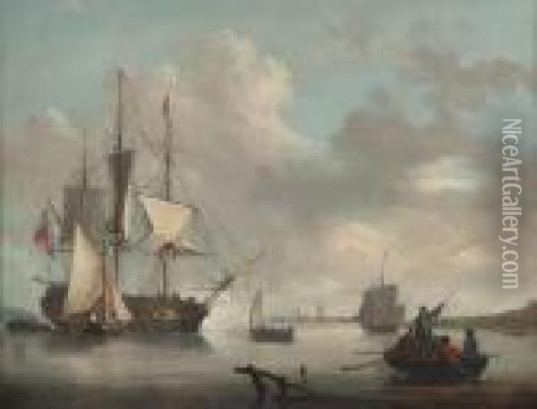 A British Frigate Announcing Her Departure From The Estuary Oil Painting - George Webster