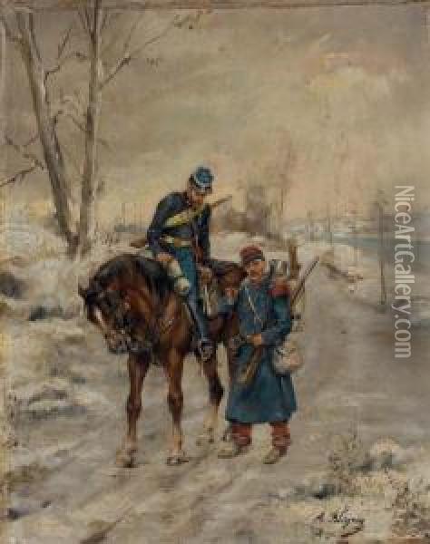 Deux Militaires Sur Un Chemin Oil Painting - Albert Bligny