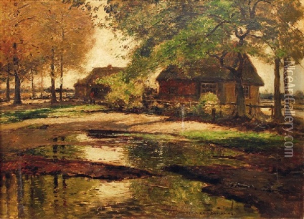 Zwei Dorfkaten Unter Baumen Im Halblicht Oil Painting - Heinrich Hermanns