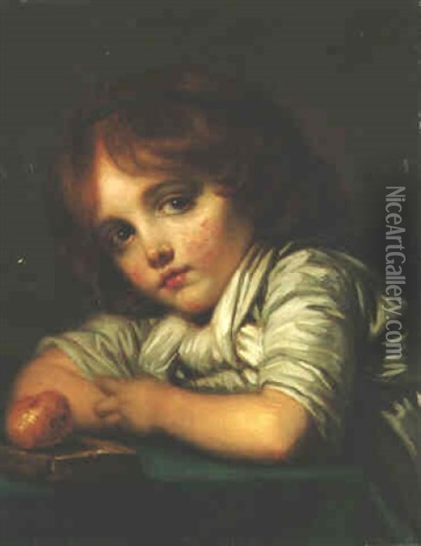 A Young Girl Leaning On A Table With An Apple Oil Painting - Jean Baptiste Greuze