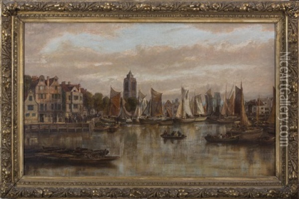 European City View With Bustling Harbor Oil Painting - Johann Christoph Frisch
