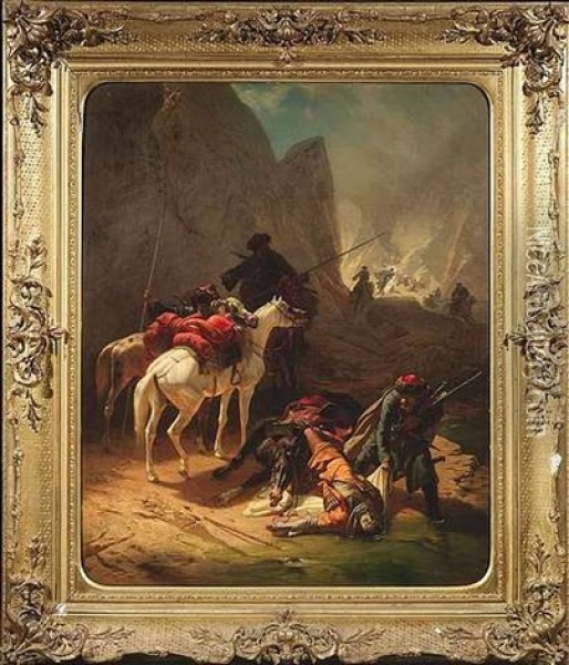 Schlachtenszene Mit Kosaken In Einer Berglandschaft Oil Painting - Theodor Horschelt