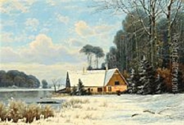 Winter Scenery At A Forest Lake Oil Painting - Anders Andersen-Lundby