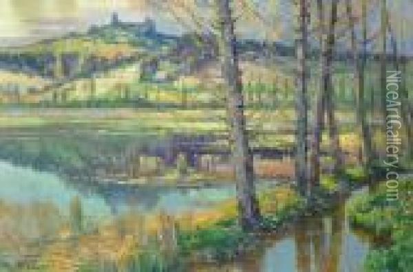 A Landscape With A Lake And Trosky Castle Oil Painting - Vaclav Radimsky