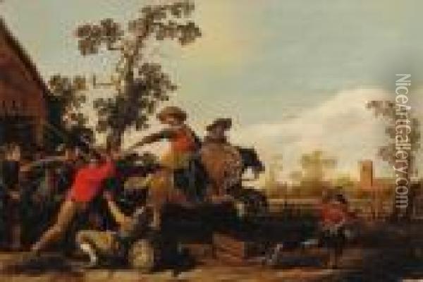 Cavalrymen Raiding The Swan Inn Oil Painting - Jan the Younger Martszen