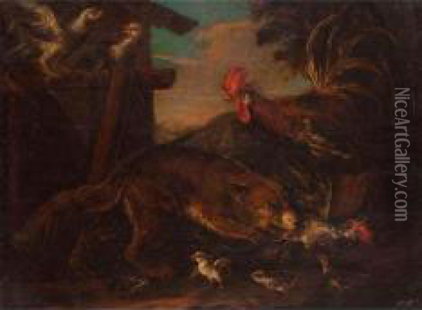 Volpe Che Caccia Le Galline Oil Painting - Angelo Maria Crivelli, Il Crivellone