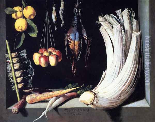 Still Life With Dead Birds, Fruit And Vegetables Oil Painting - Juan Sanchez Cotan