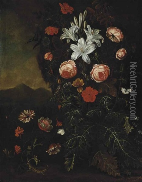 Lillies, Roses And Other Flowers In A Landscape With A Butterfly And A Lizard Oil Painting - Matthias Withoos