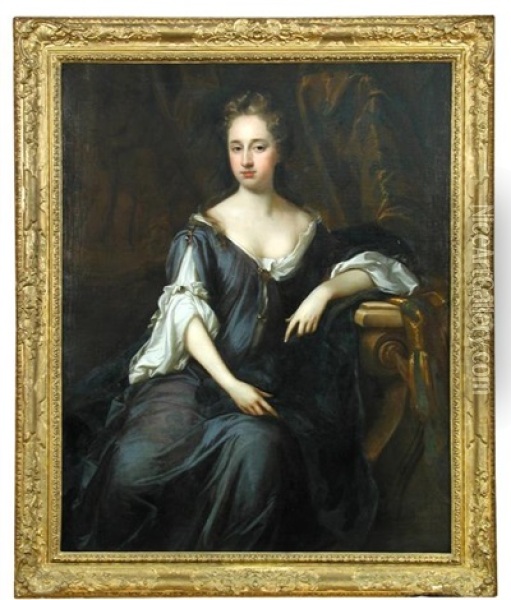 Portrait Of A Lady In A Blue And Cream Dress Oil Painting - Sir Peter Lely