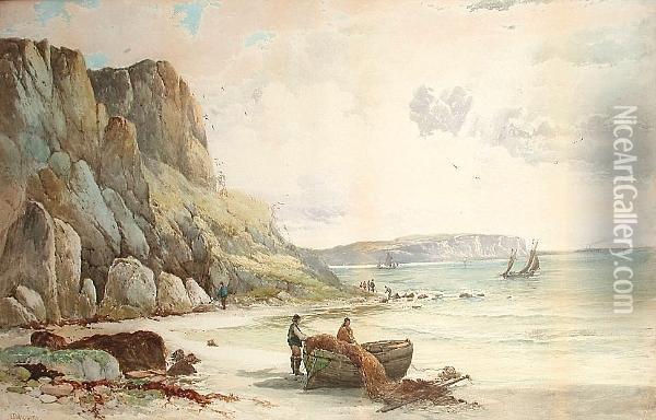 Tying The Nets On A Cornish Beach Oil Painting - Frederick John Widgery