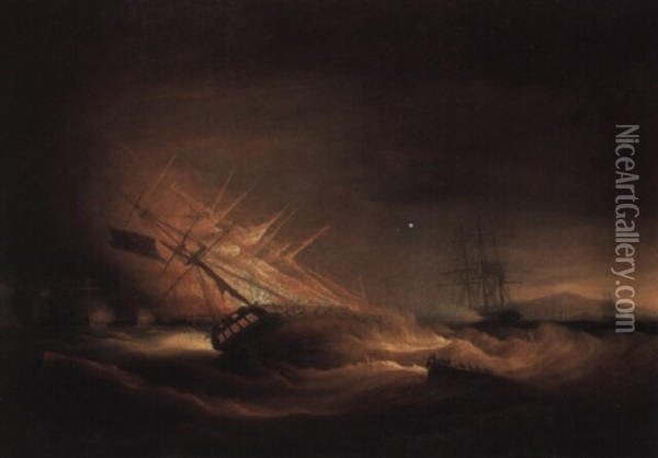 H.m.s. 'lively' Ablaze Off Rota Point, Cadiz, 1798 Oil Painting - William John Huggins