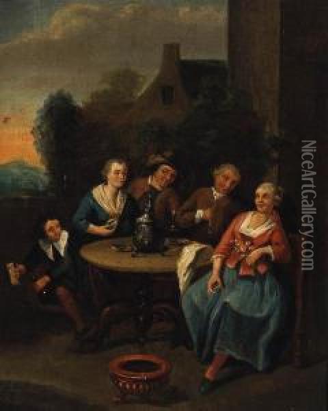 Country Folk Seated At A Table Outside A House Oil Painting - Jan Baptist Lambrechts