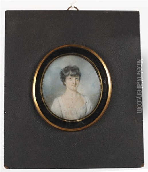 Eleanor, Viscountess Lismore (nee Butler) (d. 1859), Wearing White Dress And Gold Hoop Earring, Her Raven Hair Cropped Short Oil Painting - John Comerford