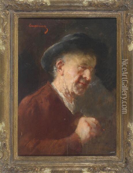 Portrait Eines Zigarillo Rauchenden Herrn Mit Dunklem Hut In Dreiviertelansicht Nach Rechts Oil Painting - Anton Laupheimer