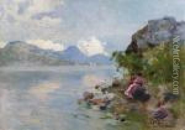 Figure In Riva Al Lago Oil Painting - Paolo Sala