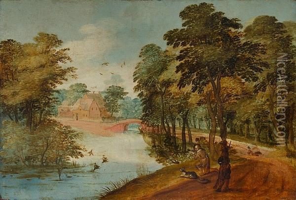 A Wooded River Landscape, With Huntsmen On A Country Path Oil Painting - Sebastien Vrancx