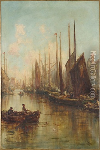 Ships At Dock Oil Painting - William Edward Webb