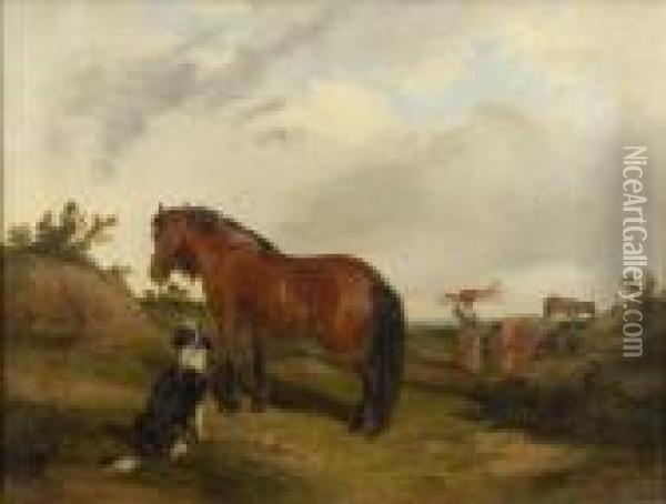 An Encampment Of Travellers, Figures Gathered By A Fire, Withdonkeys, Pony And Dog Oil Painting - Edward Robert Smythe