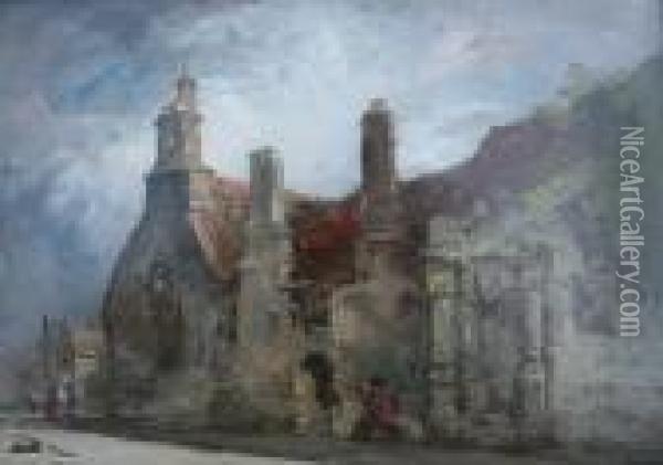 Caped Figure Seated By An Old Building Oil Painting - James Holland