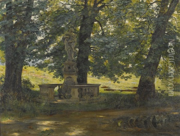 Sommerlicher Park Mit Barocker Heiligenstatue Oil Painting - Leo Reiffenstein