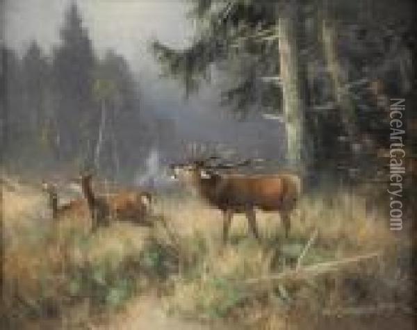 Waldlichtung Mit Hirschrudel. Oil Painting - Otto Scheuerer