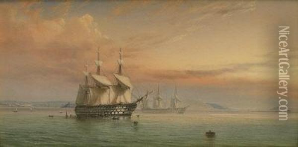 Estuary Scene Men Of War At Anchor Oil Painting - William Frederick Settle