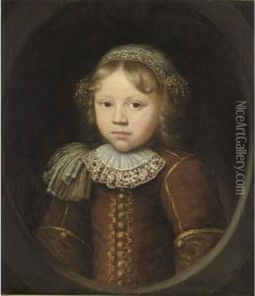 A Portrait Of A Young Boy, Aged 
3?, Bust Length, Wearing A Brown And Yellow Coat, A White Lace Tie, An 
Epaulet, And A Lace Headdress, In A Painted Oval Oil Painting - Wallerand Vaillant
