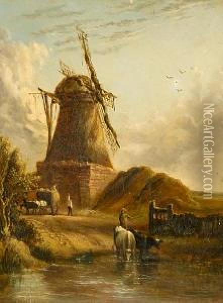 Landscape With Haycart, Cattle And Figuresbefore A Windmill Oil Painting - Anthony Sandys