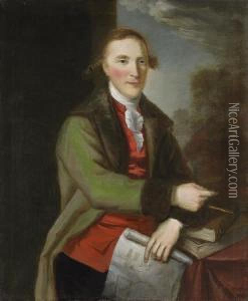 Portrait Of Robert Mack, Three-quarter-length, In A Fur-trimmedgreen Coat, Holding Architectural Plans, With A Landscapebeyond Oil Painting - John Trotter