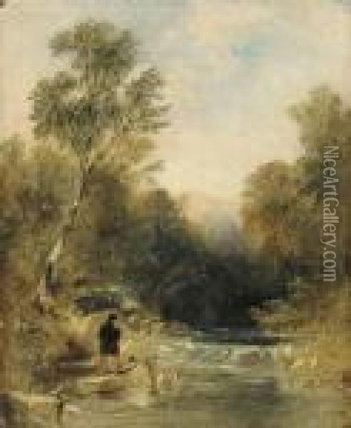 An Angler On The Bank Of A Rocky River Oil Painting - Thomas Creswick