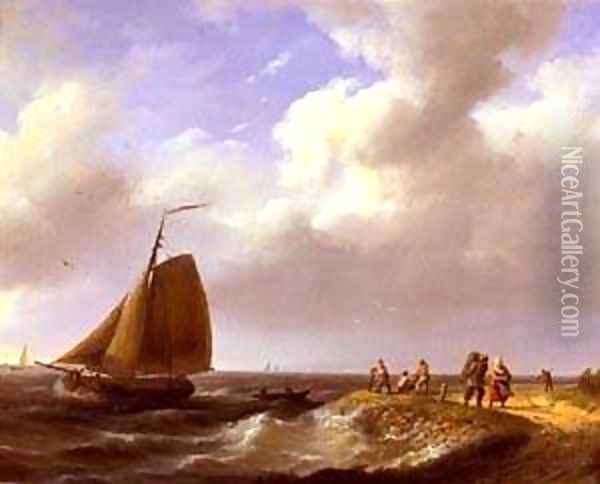 A fresh Breeze Off The Dutch Coast Oil Painting - Johannes Hermann Barend Koekkoek