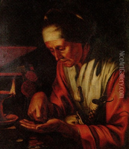 Greed: An Old Woman Counting Coins In An Interior By Candlelight Oil Painting - Abraham Bloemaert