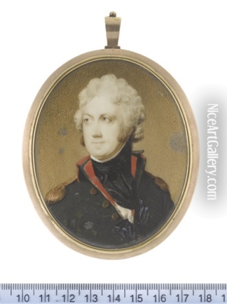 An Officer, Wearing Dark Green Coat With Red Collar And Lining, Gold Epaulettes, White Chemise, Black Stock And Cravat, His Hair Powdered And Tied With Black Ribbon Oil Painting - Edward Miles
