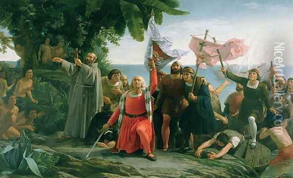 The First Landing of Christopher Columbus 1450-1506 in America, 1862 Oil Painting - Dioscoro Teofilo de la Puebla Tolin